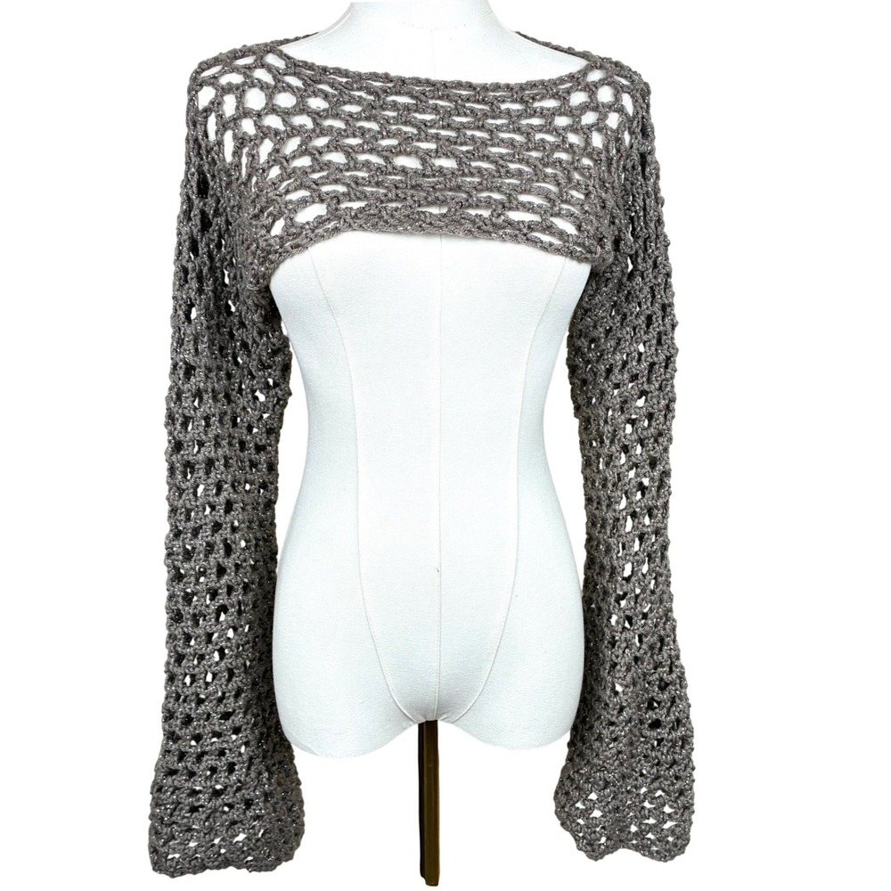 Handmade Crochet Shrug OS Bell Sleeve Open Knit Fairy Grunge Bolero Sparkle Boho